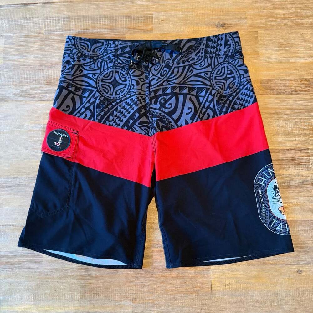 Hinano Tahiti Mens Board Shorts Size 31 Tribal Print Swim Trunks Red Black